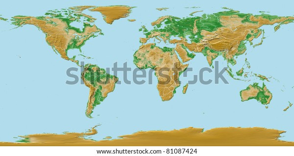 Elevations of earth - worldwide map relief with\
national\
borders