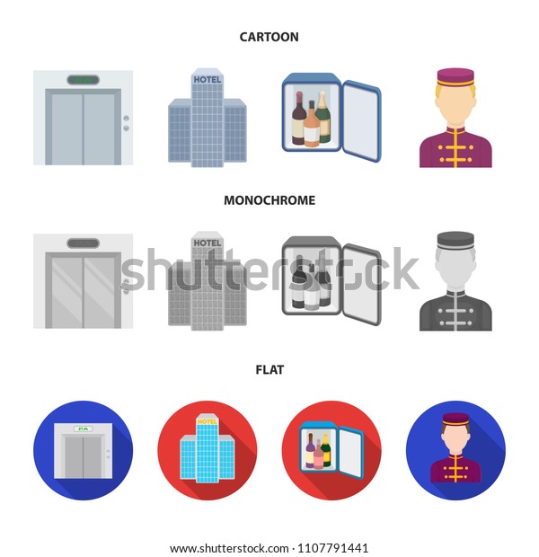 Elevator car, mini bar, staff, building.Hotel set\
collection icons in cartoon,flat,monochrome style bitmap symbol\
stock illustration\
web.