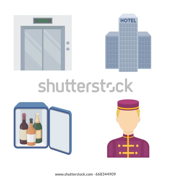 Elevator car, mini bar, staff, building.Hotel set\
collection icons in cartoon style raster,bitmap symbol stock\
illustration\
web.