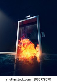 Elevator doors open to hell in a blazing fire. 3D Rendering, illustration