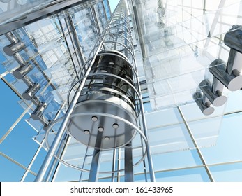 Elevator In A Glass Building.