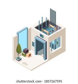 Elevator Room. Building Machine Hall Elevator Cabin Mechanism In House Apartment Isometric Interior