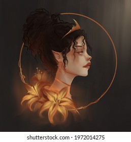 Elf with fiery flowers. Woman's face in profile. Fairy-tale character. Warm colors. Fantasy illustration