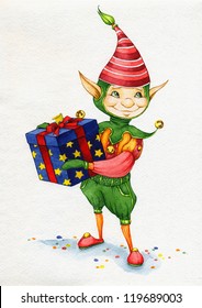 Elf With Gift By Watercolor