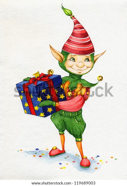 Elf Gift By Watercolor Stock Illustration 119689003