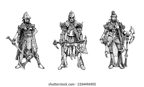 Elf Warrior. Set Of 3 Drawings. Fantasy Elves Warriors.