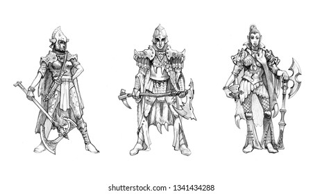 Elf Warrior. Set Of 3 Drawings. Fantasy Elves Warriors.