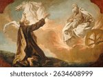 Elijah Taken Up in a Chariot of Fire (ca 1740-1755) by Giuseppe Angeli . Beautiful vintage oil painting and illustration. Oil painting, vintage artwork.