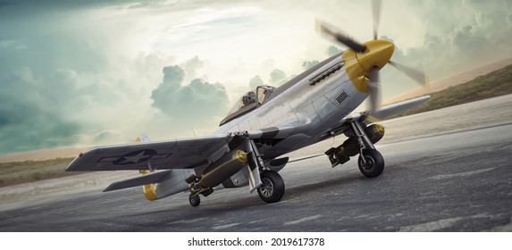 Elite vintage aircraft the legendary P51 mustang taxiing down the runway towards its World war 2 mission. 3d rendering