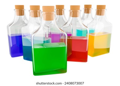 Elixir, potions or poison bottles with colored liquids. 3D rendering isolated on white background  