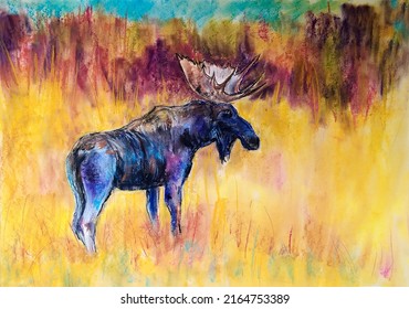 Elk In The Forest. Pastel Painting.