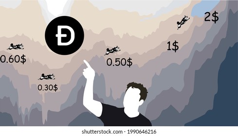 Elon Musk and Dogecoin, Illustration of Dogecoin growth on a graphic background.