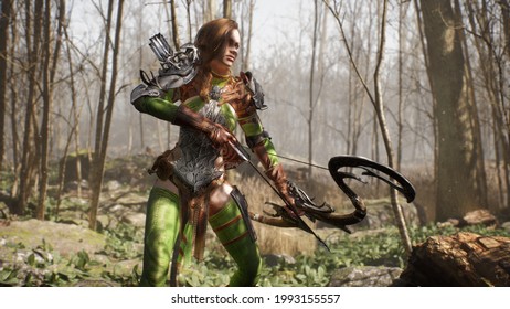 An elven girl archer and a formidable giant orc prepare for battle.. Fantasy medieval concept. 3D Rendering.
