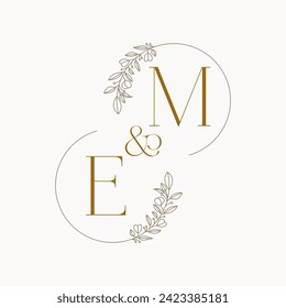 EM Logo initials wedding monogram logo design in simple brown circle leaf frame