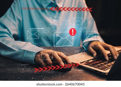 Email concept. Focus on Hands Typing on Laptop with Email Notification Icons and Alerts in a Modern Workspace Environment.