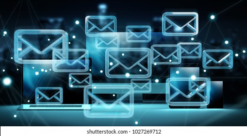 Email icon interface over modern tech devices in dark background 3D rendering