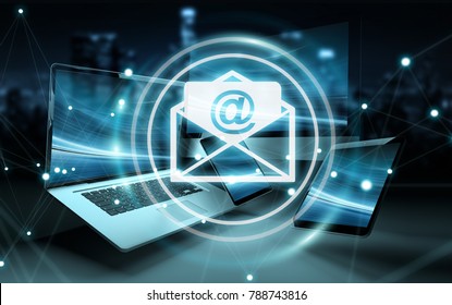 Email icon interface over modern tech devices in dark background 3D rendering