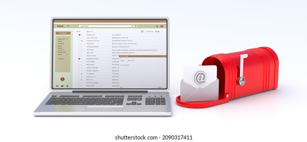 Email Inbox. Red Retro Mailbox Open With Raised Flag And  Laptop Computer Isolated On White Background. E Mail Client List On The Screen. 3d Illustration