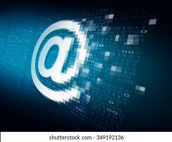 Email internet security technology concept as an at sign icon being encrypted for data transfer protection with binary code background as an online safety icon to protect password and username.