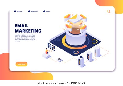 Email Marketing. Mail Automation Strategy. Email Outbound Newsletter Campaign, Mailing Spammer Services Isometric Landing Page