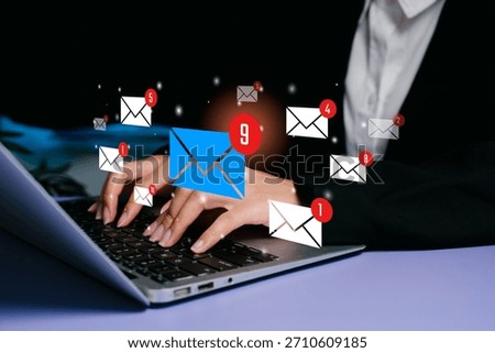 Email overload concept. Hands typing on laptop with floating message icons and notification badges, communication pressure, task overflow, digital workflow management challenges.