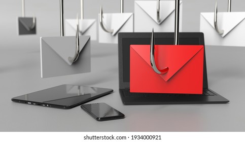 Email Phishing Cyber Security, Mobile Personal Devices Ransomware, Hackers 3d Illustration