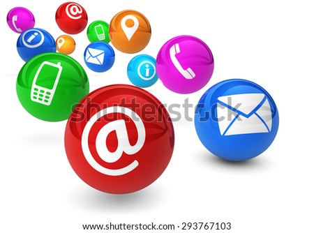 Email, web and Internet concept with contact and connection icons and symbols on bouncing colorful spheres isolated on white background.