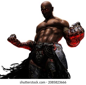 The embittered black fighter clenches iron fists in gauntlets, he has a perfect beautiful athletic muscular body, a glowing furious look, and a vintage gauntlet belt with loincloths. 3d rendering