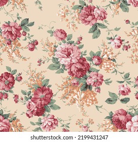 an embossed natural dual-tones roses flowers with cream color background illustration all over textile and paper print design digital image