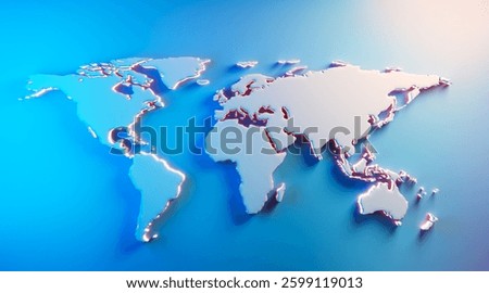 Embossed world map with glowing edges on a blue gradient background. 3D Rendering. Concept of global business, technology, and connectivity