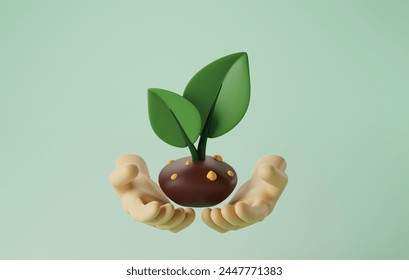 Embrace beauty of nature of hands nurturing a plant. Captivating eco-friendly concept, ideal for projects advocating sustainability and environmental awareness. 3D render illustration - Powered by Shutterstock