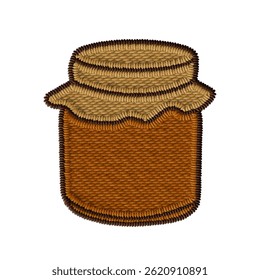 Embroidered clipart of a honey jar in folk style with thread and stitch effects. Great for country kitchen themes, harvest decor, or organic product design