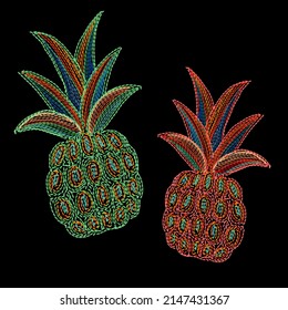 Embroidered colorful pineapples. They are digital drawings that imitate embroidery.