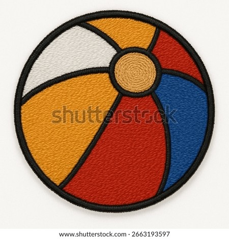 An embroidered patch of a classic multi-colored beach ball. The ball is divided into red, blue, yellow, and white sections with a black outline, and is perfect for themes of summer, fun, and sports.