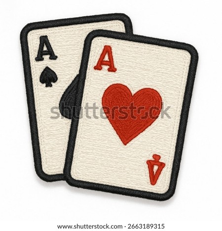 An embroidered patch featuring two playing cards: an Ace of Spades and an Ace of Hearts. The cards are a white, black, and red color scheme and are outlined in black, representing themes of games, luc