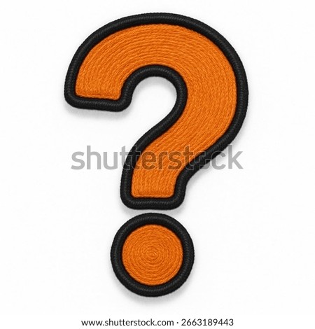 An embroidered patch of a large orange question mark with a black outline. The color and texture give it a distinct, tactile feel. This image is perfect for concepts of questions, thinking