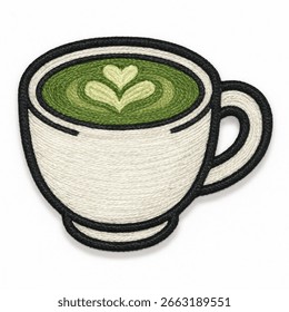 An embroidered patch of a matcha latte in a white cup. The drink is green with a heart-shaped foam art on top. The design is outlined in black, suitable for themes of cafes, drinks, and relaxation.
