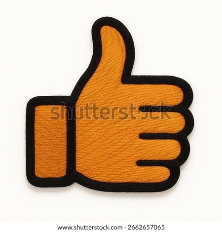An embroidered patch of a "thumbs up" or "like" icon with a textured orange thread. The bold black border and clear stitching make this a recognizable and positive graphic.