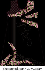 Embroidered Pattern Floral Pattern, Colorful Beautiful Flower Motifs With Black Background Art Illustration