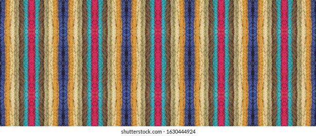 Embroidered Seamless Ethnic Ornament. Uzbek Rug Old Texture. Colorful Spinning. Cultural Yarn. Satin Stitch Strips Background. Native Tribal Motley Print.