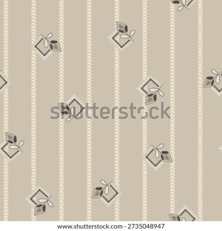 embroidery Digital seamless textile pattern on a dark navy blue denim or linen-textured background. The design features scattered embroidered-style floral medallions in golden-yellow and white, alongside white-stitched geometric 
