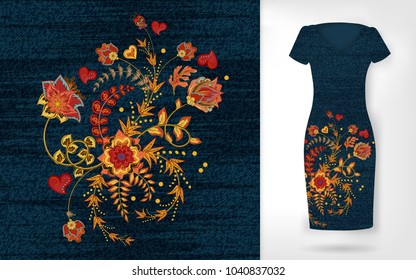 Embroidery Patch Vintage Flowers. Show Embroidery On Jeanse Denim And Dress Mockup. 