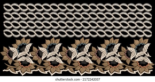 Embroidery seamless pattern with beautiful flowers. Handmade floral ornament on dark background. Embroidery for fashion products. Elegant tiled design, best for print fabric or paper and more.