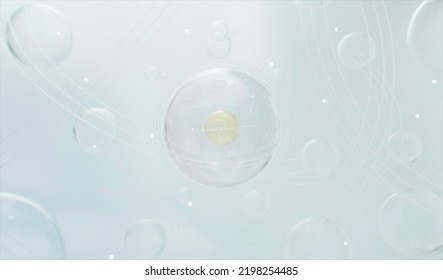 Embryonic Cell With A Nucleus In The Center. Development Of Organisms At The Cellular Level Under A Microscope. Medical Science Concept. 3D Illustration.