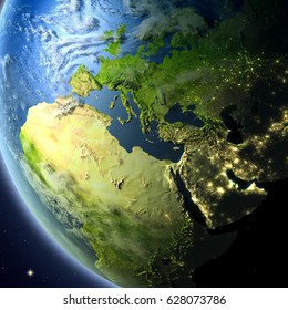 EMEA region from Earth's orbit. 3D illustration with detailed planet surface, atmosphere and city lights. Elements of this image furnished by NASA.