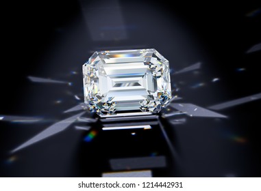 Emerald cut diamond with caustics rays on black background. 3D illustration