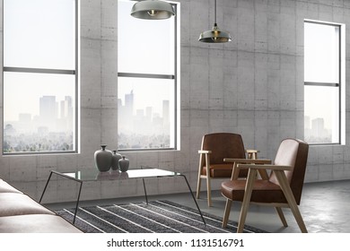 Emerald Leather Chairs In Minimalistic Loft Style Living Room With Concrete And City View From Big Windows. 3D Rendering