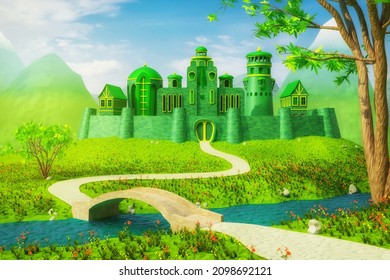Emerald Town with bridge across the river - 3d rendering