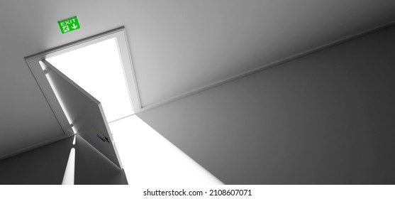 Emergency Exit Door Ajar. Extreme Angle. Light Outside And Dark Inside. (3D Generated)