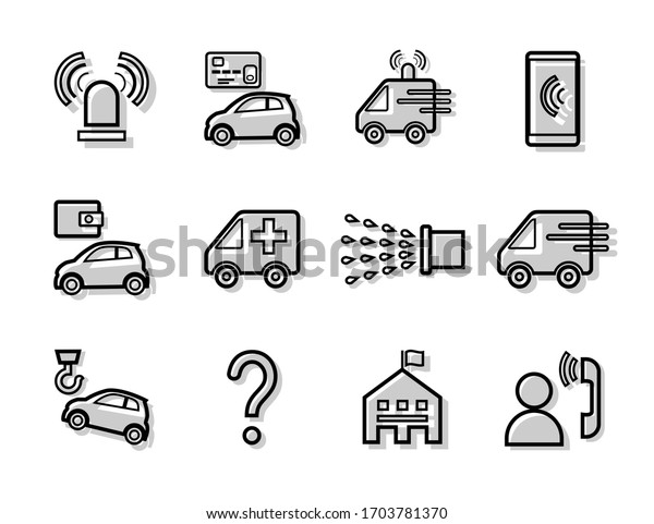 Emergency help, icons, set,
outline drawing with shadow. Medical and fire assistance. Help
center.  